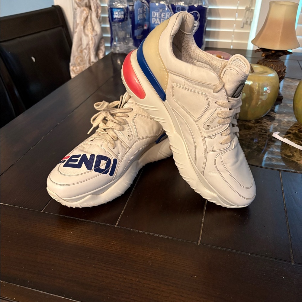 Fendi Men's White Sneakers with Blue and Red Accents